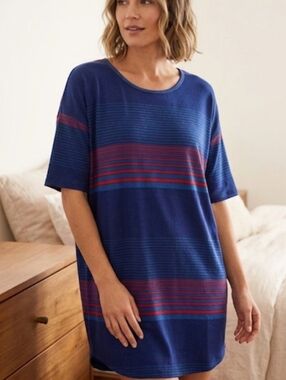 LuLaRoe Navy Blue Oversized Nightshirt Size Small with Multi-color Stripes EUC